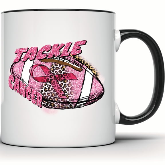 Tackle Cancer Football Mug - Breast Cancer Awareness Pink Ribbon Mug - Cancer Survivor Gift For Her - Support Fight Cancer Cup - 11 Ounce Black Rim Handle Novelty Coffee Cup - WMUG1903-BLK