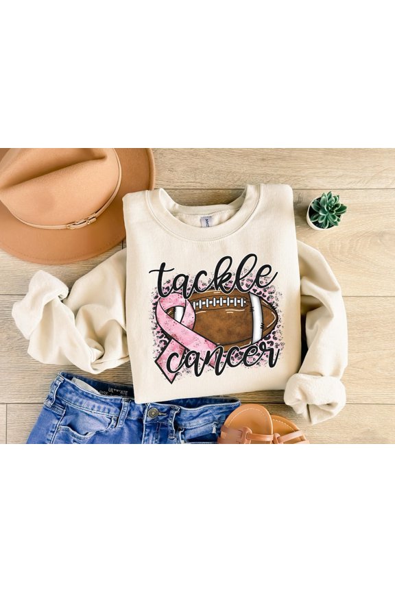 Tackle Cancer Shirt Breast Cancer Awareness Sweatshirt Football Season Shirt Leopard Print Football Sweatshirt Pink Ribbon Shirt