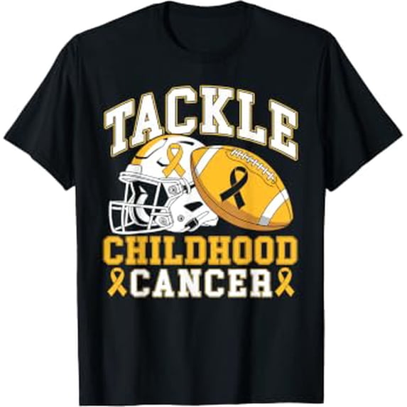 Gold Rbion Tackle Childhood Cancer Awareness Football Gold Ribbon T-Shirt ...