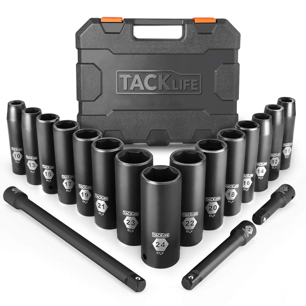 Tacklife 18 Pcs 1 2 inch Drive Deep Impact Socket Set Pneumatic sleeve 6 Point 10 24mm HIS1A