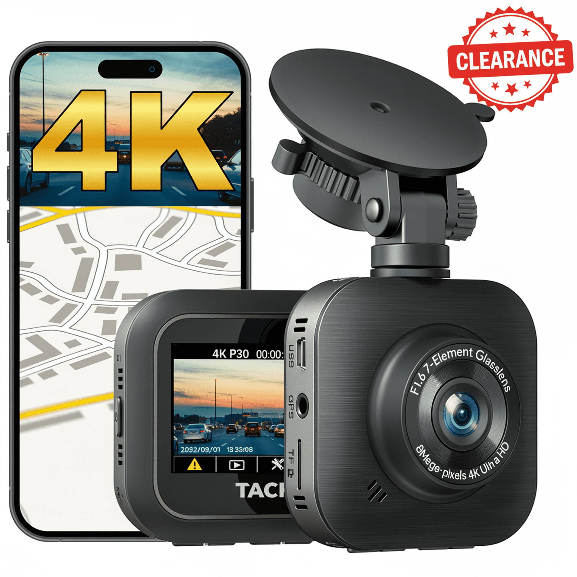 Dashcam Voiture 4K/1080P WiFi + GPS - Double Caméra 170°+140°, Vision Nocturne, écran 2.0 IPS