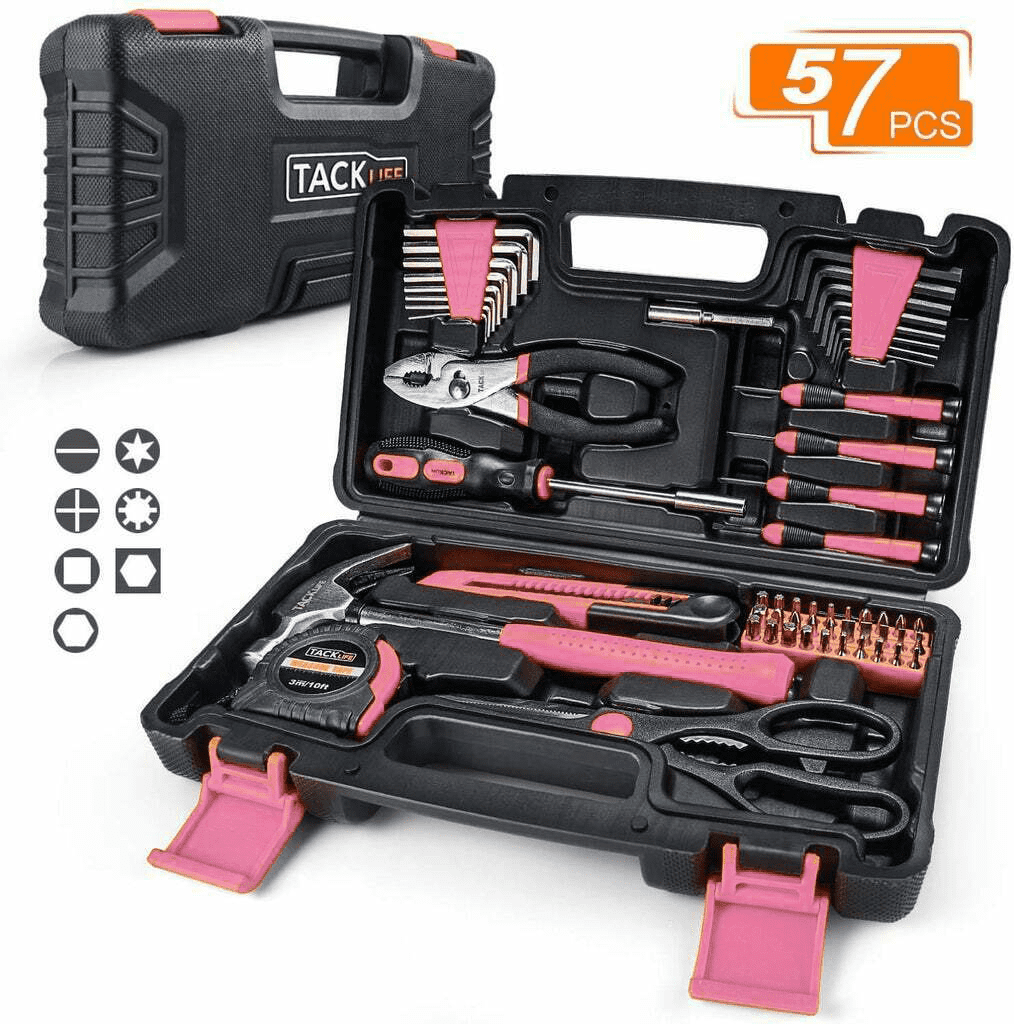 Tacklife 57PCS Tool Set Household Repair Tool Kit With All Essential Tools  For Home, Office, Apartment With Sturdy Tool Box Storage Case, Pink 