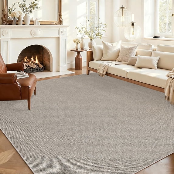 TacleeKii 10' x 13' Washable Area Rug, Textured Woven Non Slip Low Pile Carpet, Stain Resistant Non Shedding Floor Mat, for Living Room Dining Room, Camel