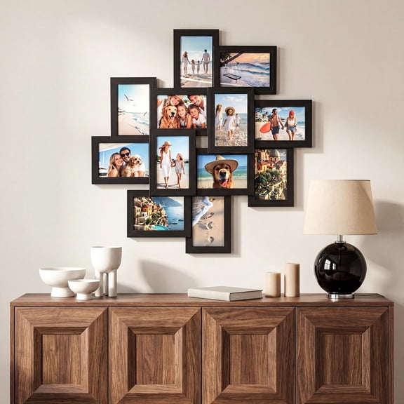 TacleeKii 12-Opening Diamond Grid Collage Picture Frame, Displays 12 Pcs 4x6 Photos, MDF Construction, Wall Mountable Gallery Photo Frame, Black