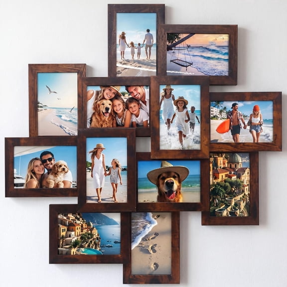 TacleeKii 12-Opening Diamond Grid Collage Picture Frame, Displays 12 Pcs 4x6 Photos, MDF Construction, Wall Mountable Gallery Photo Frame, Brown