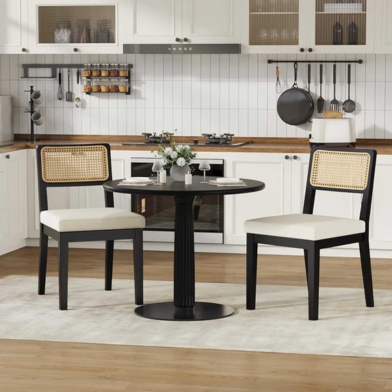 TacleeKii 2 Pack Rattan Dining Chairs, Armless Kitchen Side Chairs for Dining Room, Black