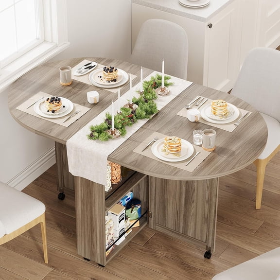 TacleeKii 3-in-1 Folding Dining Table with Wine Rack & Cup Holder Lockable Casters, Drop Leaf Oval Folding Kitchen Table for Small Spaces, Gray