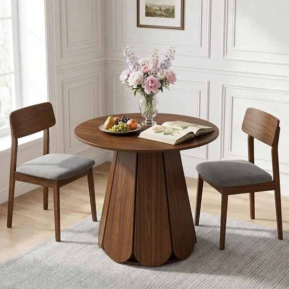 TacleeKii 31.5" Modern Round Dining Table for 2-4, Small Farmhouse Wood Kitchen Table with Pedestal Base, Space Saving, Brown