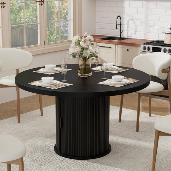 TacleeKii 47" Round Dining Table for 4, Kitchen Table with 2-Layer Storage Shelf, Farmhouse Circle Dinner Table for Dining Room, Kitchen, Black