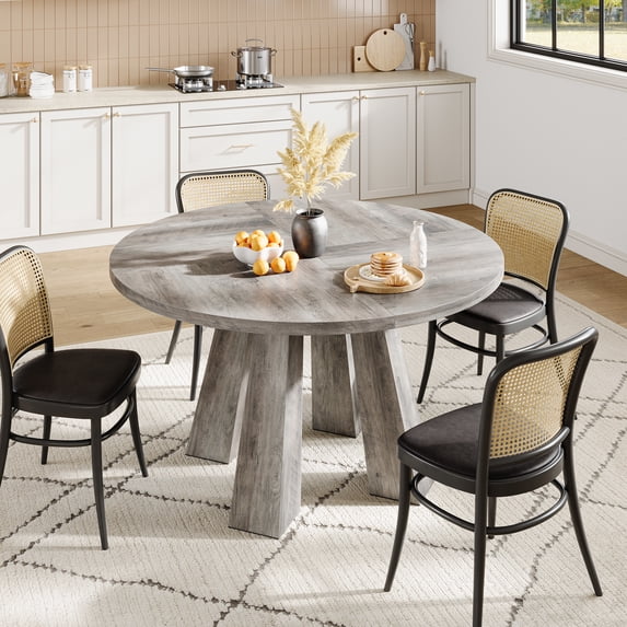 TacleeKii 47" Round Farmhouse Dining Table for 4-6, Heavy-Duty 4-Leg Wood Kitchen Table, Circle Dinner Table for Dining Room & Living Room, Gray