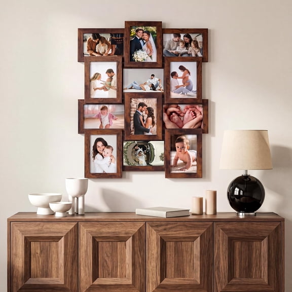TacleeKii 4x6 Multi Photo Frames Set, 12 Slots, Collage Wall Decor with Glass Front, Family, Wedding, or Gallery Display, Brown