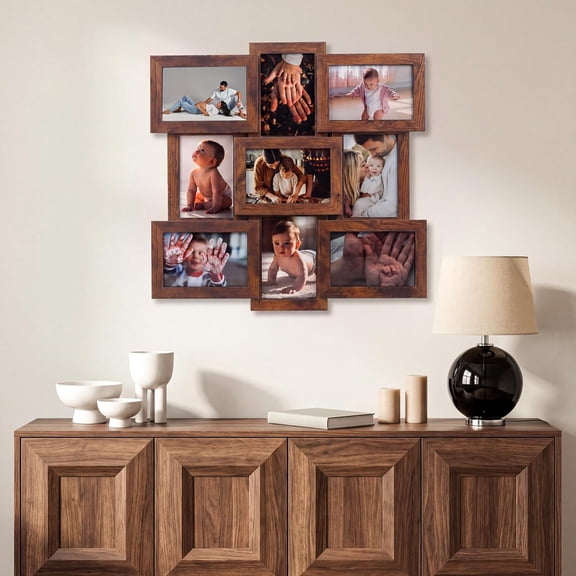 TacleeKii 4x6 Multi Photo Frames Set, 9 Slots, Collage Wall Decor with Glass Front, Family, Wedding, or Gallery Display, Brown