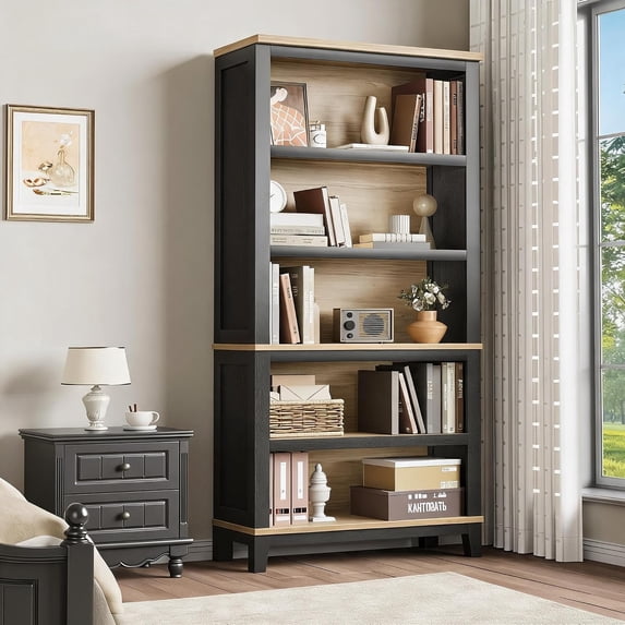TacleeKii 5 Tier Bookshelf, 71" Tall Bookcase w/ Adjustable Shelves, for Living Room Office Library, Black & Natural