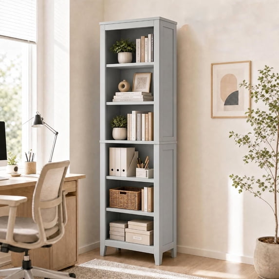 TacleeKii 6-Tier Bookshelf, Freestanding Bookcase with Open Shelves and Anti-Tip Design, Gray