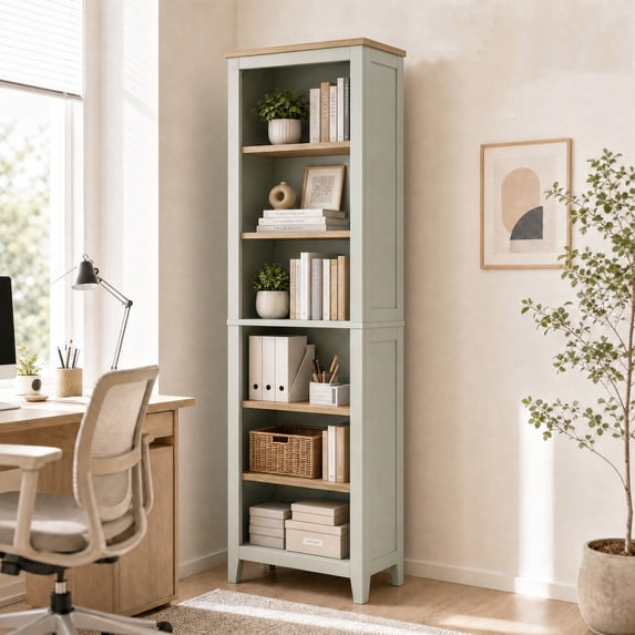 TacleeKii 6-Tier Bookshelf, Freestanding Bookcase with Open Shelves and Anti-Tip Design, Light Green & Wood Color