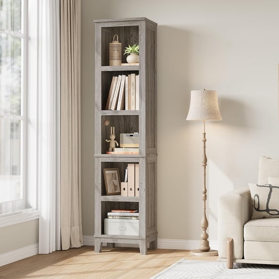TacleeKii 71" Farmhouse Narrow Bookcase, 5-Tier Bookshelf with Adjustable Shelves, Retro Gray