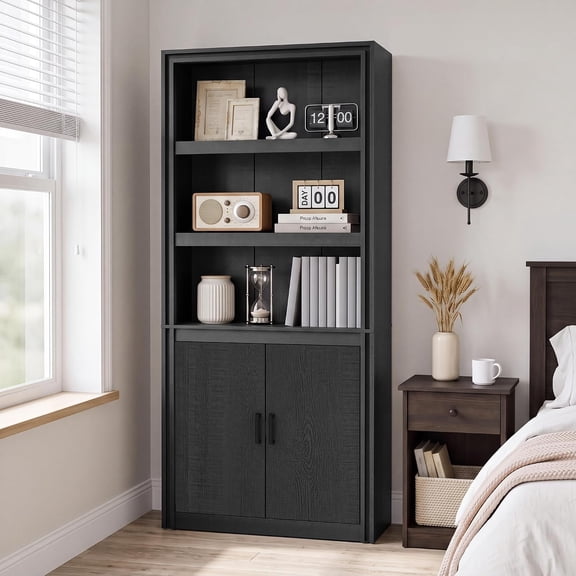 TacleeKii 71" Tall Farmhouse Bookcase with Doors, 5-Tier Storage Cabinet, Freestanding Bookshelf with Anti-Tip Kit for Home Office, Black