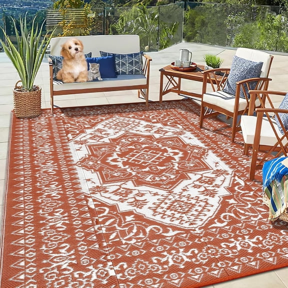 TacleeKii 8' x 10' Plastic Straw Rug Reversible Mat, Waterproof Patio Rugs Outdoor Camping Rugs for RV Porch Deck Camper Balcony Backyard, Orange