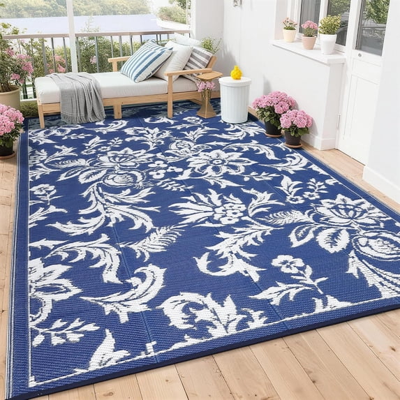 TacleeKii 8' x 10' Reversible Waterproof Outdoor Rug, Floral Plastic Straw Mat Foldable for Patio Camping RV Deck, Dark Blue