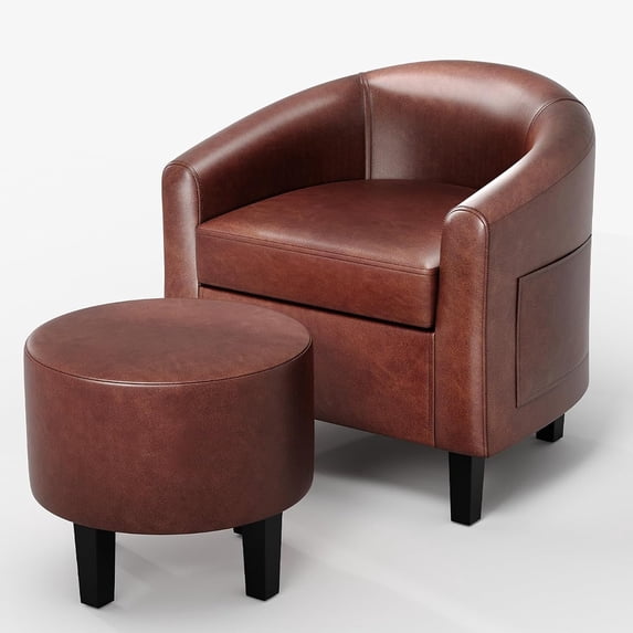 TacleeKii Accent Chair with Ottoman, Faux Leather Barrel Chair for Living Room, Brown
