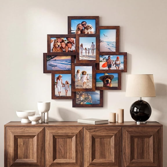 TacleeKii Asymmetric Diamond Collage Picture Frame, 10 Openings 4x6, MDF, Wall Mountable, Brown