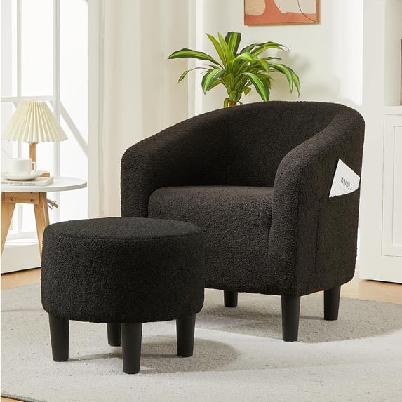 TacleeKii Boucle Accent Chair with Ottoman, Modern Armchair W/ Footstool for Bedroom, Living Room, Black