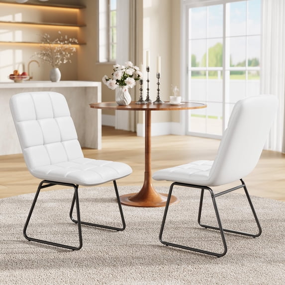 TacleeKii Dining Chairs Set of 2, Faux Leather Upholstered Dining Room Chairs with Metal Frame, for Kitchen Living Room, White