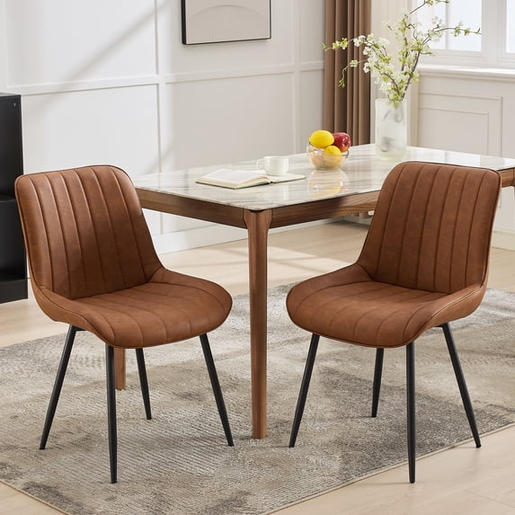 TacleeKii Faux Leather Dining Chairs Set of 2, Kitchen Side Chairs with Metal Legs, for Dining Room Restaurant, Brown