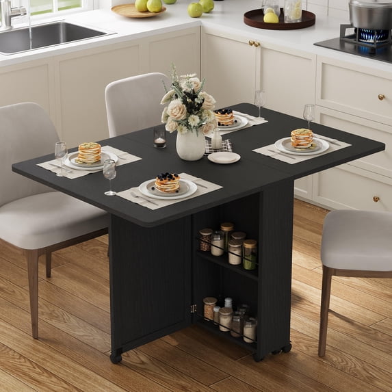 TacleeKii Folding Dining Table with Wheels, Drop Leaf Kitchen Table with Storage Shelf, Black