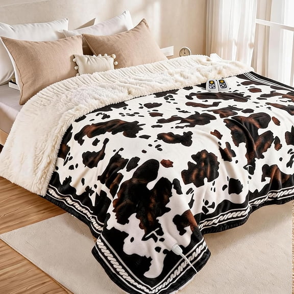 TacleeKii Heated Electric Blanket King Size 90" x 100", Cow Print Fast Heating Blankets, 10 Heat Levels, 1-12H Timer, ETL Certified, Machine Washable, Brown