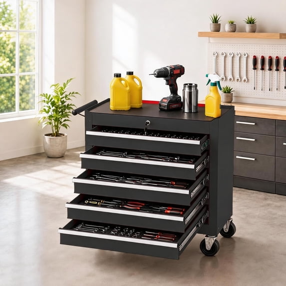TacleeKii Heavy Duty Rolling Tool Chest with Wheels, 5 Drawer Metal Tool Storage Cabinet with Locking System, Portable Tool Cart Organizer for Garage Workshop, Black