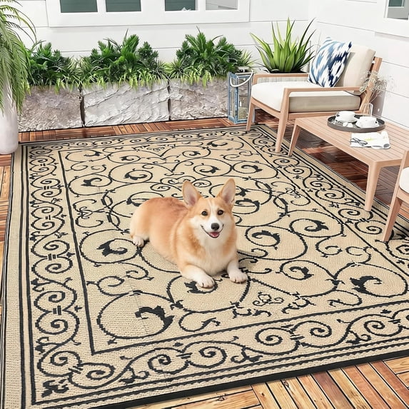 TacleeKii Outdoor Patio Rug 8' x 10' Reversible Camping Mat, Stain-Resistant Plastic Straw Rug, for Porch, Deck, Balcony, Beach, Garden, Beige