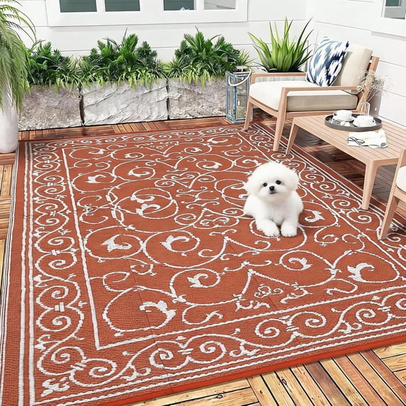 TacleeKii Outdoor Patio Rug 8' x 10' Reversible Camping Mat, Stain-Resistant Plastic Straw Rug, for Porch, Deck, Balcony, Beach, Garden, Orange