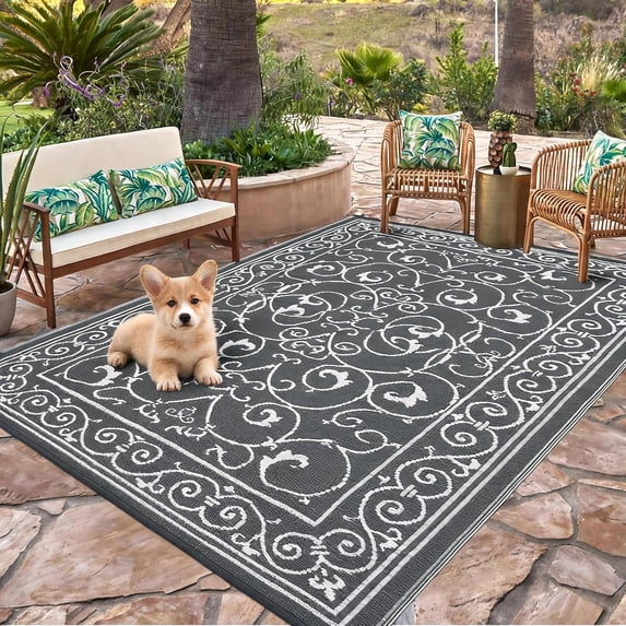 TacleeKii Outdoor Patio Rug 9' x 12' Reversible Camping Mat, Stain-Resistant Plastic Straw Rug, for Porch, Deck, Balcony, Beach, Garden, Gray