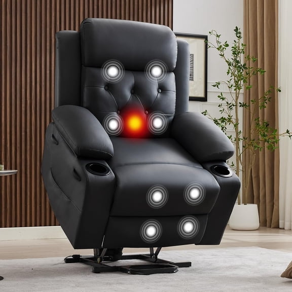 TacleeKii Oversized Power Lift Recliner Chair for Elderly, Vibration Massage Electric Lift Chair, PU Leather Single Sofa with Cup Holders, Black