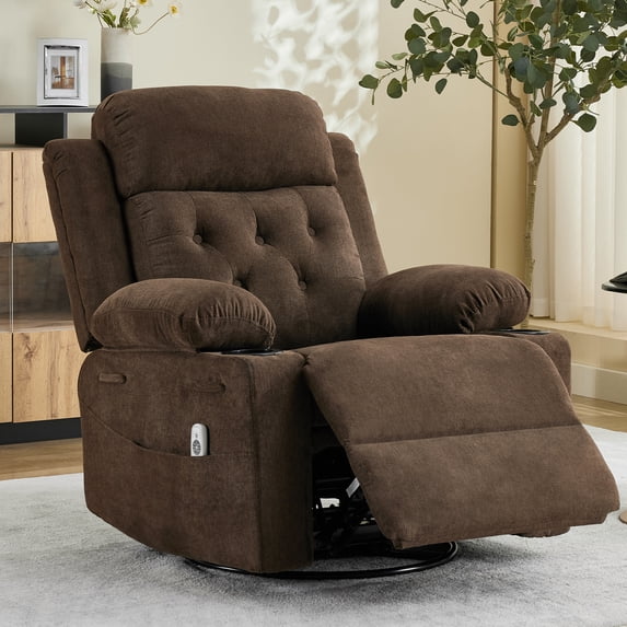 TacleeKii Oversized Swivel Rocking Recliner with Massage and Heat for Big and Tall Adults, Ergonomic Wide Seat Lounge Chair, 400 Lbs, Brown