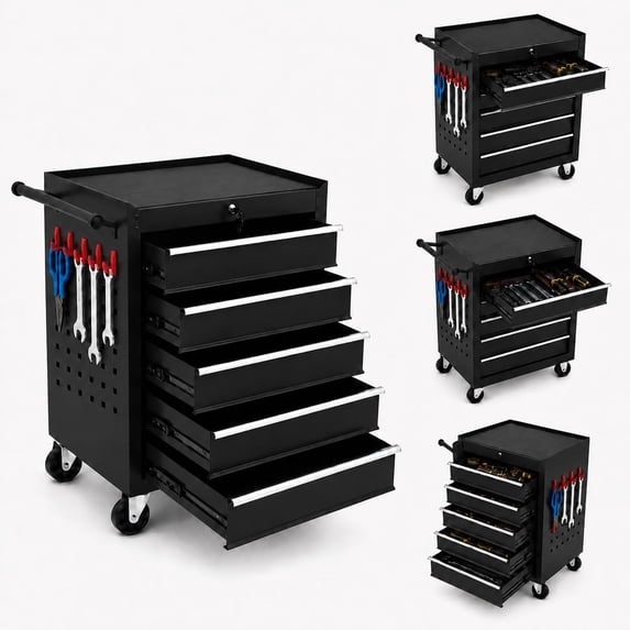 TacleeKii Rolling Tool Chest with 5 Drawers, Metal Tool Storage Cabinet with Locking System, Portable Tool Cart Organizer for Garage Workshop, Black