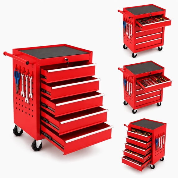 TacleeKii Rolling Tool Chest with 5 Drawers, Metal Tool Storage Cabinet with Locking System, Portable Tool Cart Organizer for Garage Workshop, Red