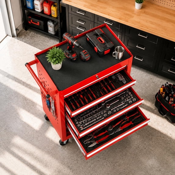 TacleeKii Rolling Tool Chest with Wheels, 4 Drawer Tool Storage Cabinet with Lock & Hooks, Red