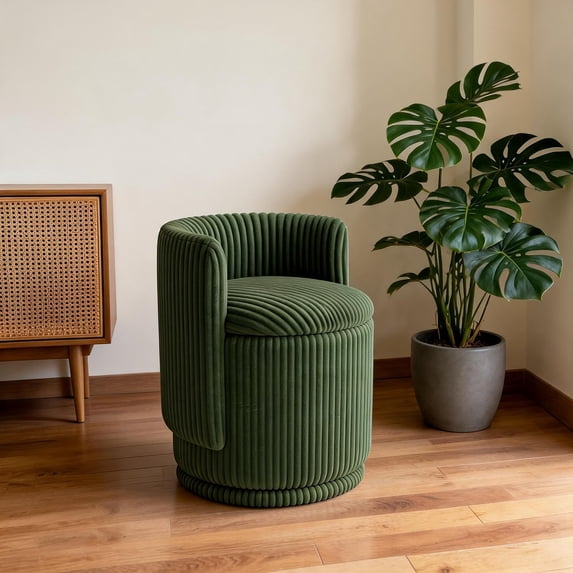 TacleeKii Swivel Accent Barrel Chair, Corduroy Vanity Chair, for Living Room, Makeup Room, Green