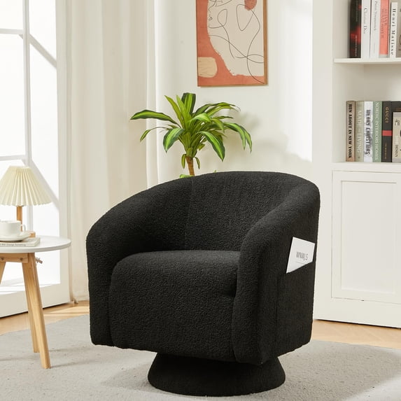 TacleeKii Swivel Accent Chair, Boucle Barrel Armchair for Living Room Bedroom, Black