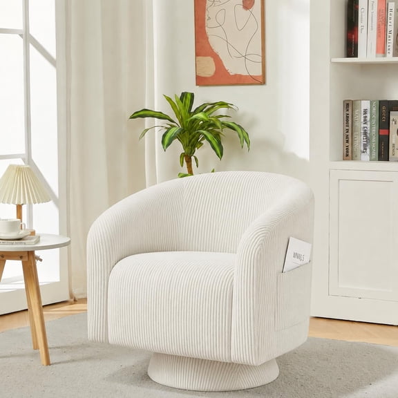 TacleeKii Swivel Accent Chair, Corduroy Barrel Armchair for Living Room Bedroom, White