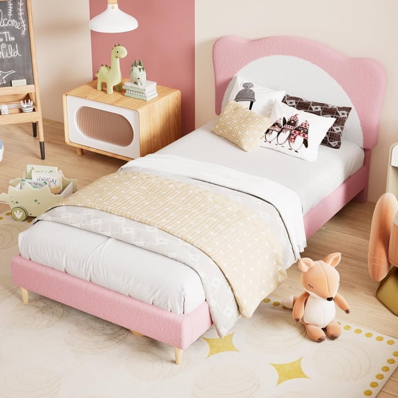 TacleeKii Twin Bed Frame with Panda Headboard Upholstered Platform Bed Berber Fleece Fabric Sturdy Noise-Free Easy Assembly Pink