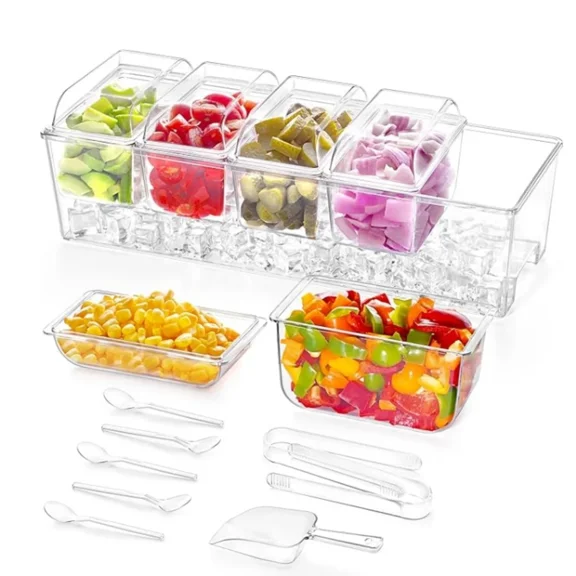 Taco Bar Serving Set 5 Containers Large Ice Chilled Condiment Caddy Organizer Garnish Tray Platter Party Accessories