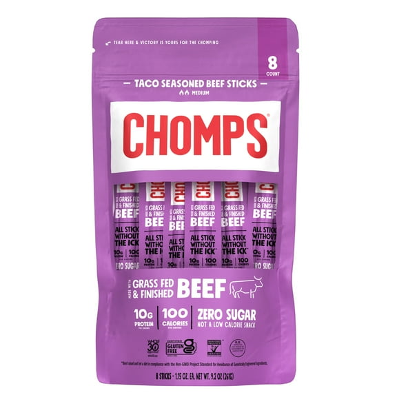 Chomps Grass-Fed and Finished Taco Beef Jerky Snack Sticks, 10g of Protein (8 Count)