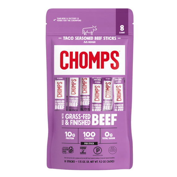 Chomps Grass-Fed And Finished Taco Beef Meat Sticks (8 Count)