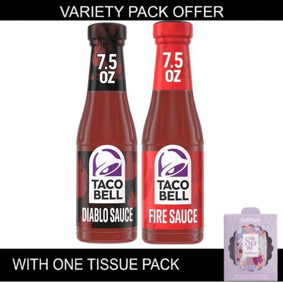 Taco Bell Diablo & Fire Hot Sauce, 7.5 oz Bottles, Veraity Pack with 1 Tissue Pack