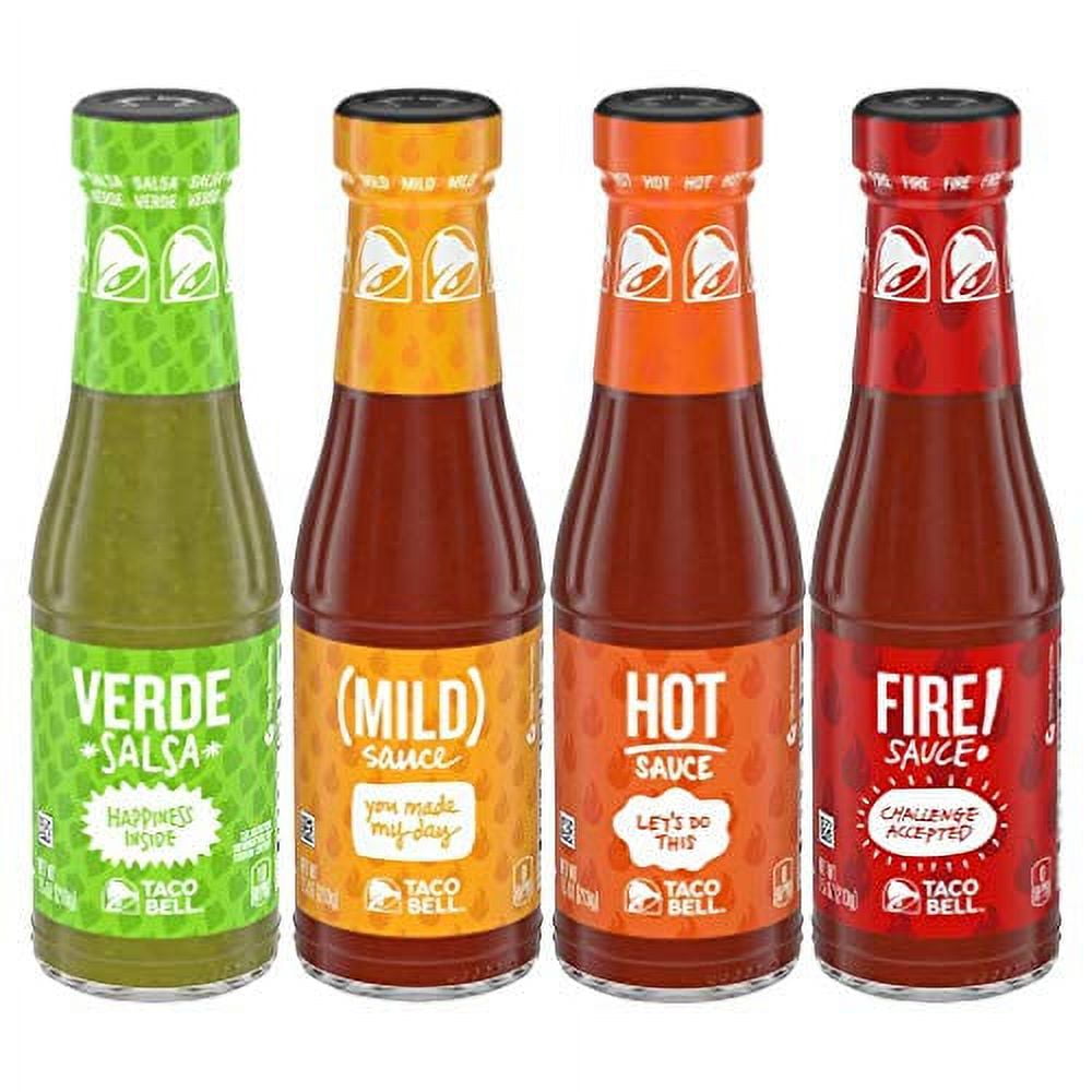 Taco Bell Glass Condiment Sauce Variety Pack, 1 Verde, 1 Mild, 1 Hot, 1