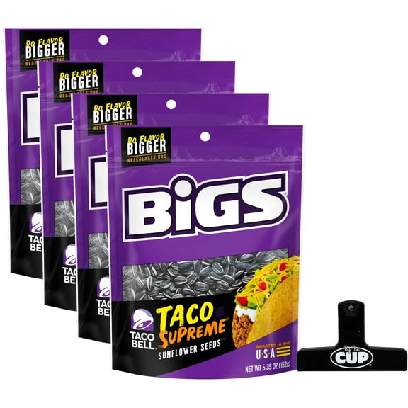 Taco Bell Taco Supreme Sunflower Seeds by BIGS, 5.35 Ounce (pack of 4) Contains Milk, May Contain Soy with By The Cup Bag Clip