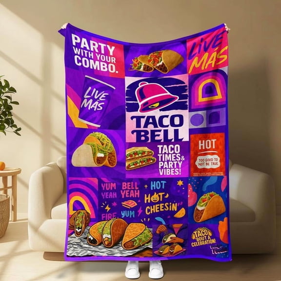 Taco Bell Throw Blanket: Vibrant Mexican Food Print, Soft Cozy Fabric for Bedroom, Living Room, Office, Travel, Camping - Fun Gift for Taco & Fast Food Fans
